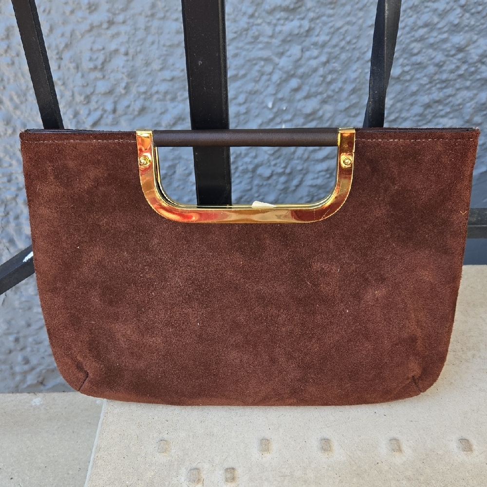 Vintage 80's Elegant Brown Suede Handbag with Gold Accents
